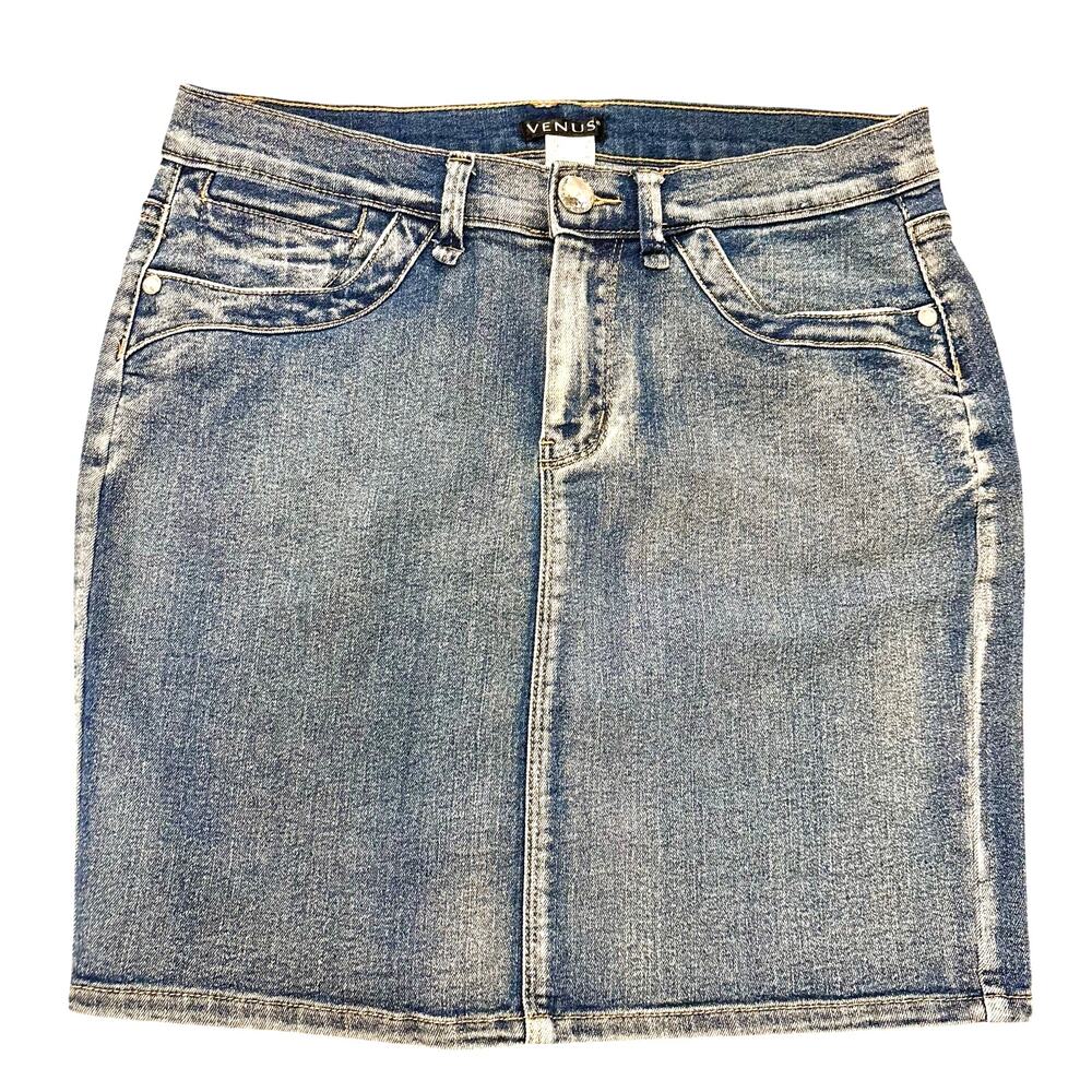 Venus Y2K Denim Mini Skirt Stretchy Blue Streetwear Jean Skirt Bling Size 8